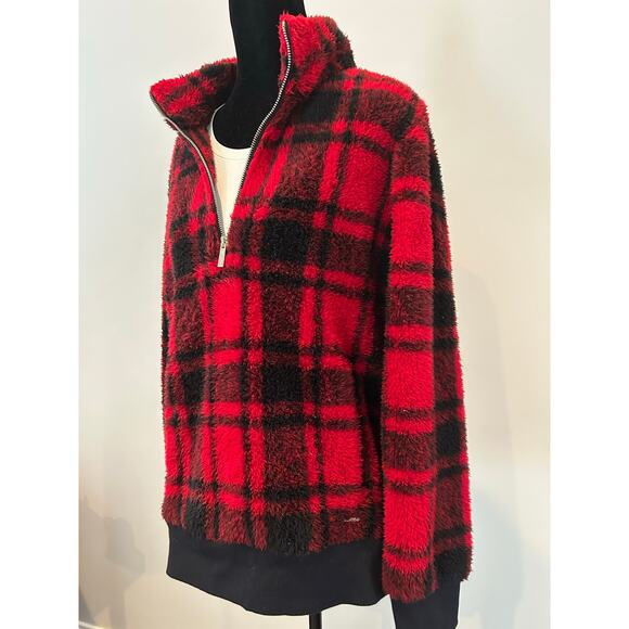 Calvin Klein Plaid Sherpa Red Black Half Zip Fleece Jacket M - Picture 4 of 5